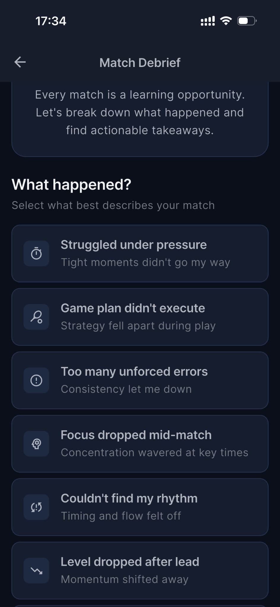 Match debrief with structured reflection prompts
