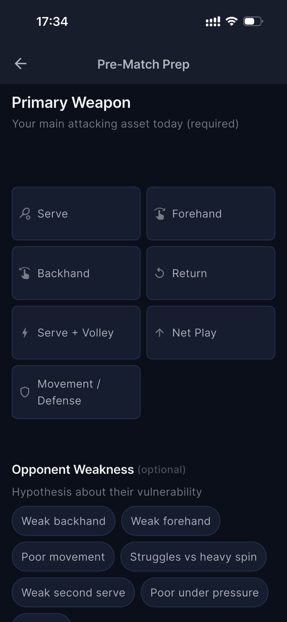 Pre-match prep with weapon selection system