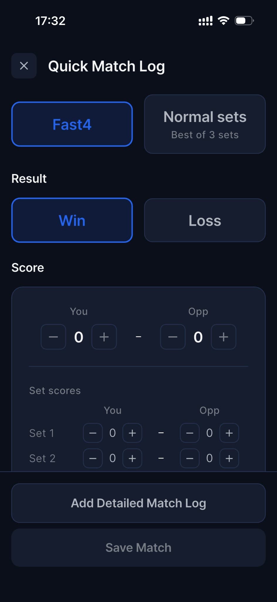 Quick match log with score entry