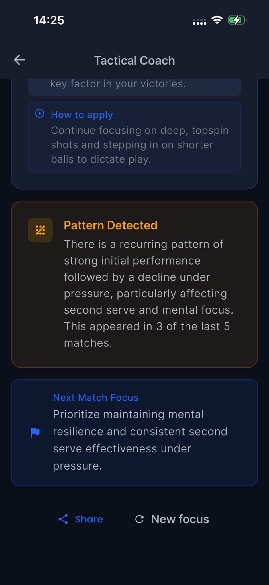 Tactical coach results showing pattern detection and recommendations